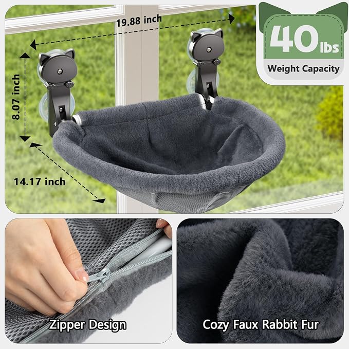 JUNSPOW 2 Pack Cat Window Perch Cordless, Kitty Hammock with Sunken Design Foldable & Stable Cat Beds- Breathable Window Hammock for Overlooking, Sunbathing and Climbing - Maximum Hold Up to 40lb