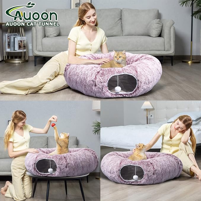 AUOON Cat Tunnel Bed for Indoor Cats - Large Cat Donut Tunnel with Hanging Ball Toy, Collapsible 2-in-1 Multifunctional Interactive Cat Toy for Kitten, Puppy, Rabbit, Ferret (Rosiness)