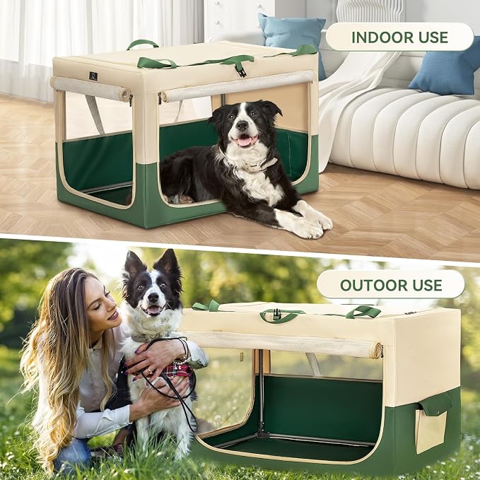 36" Collapsible Dog Crate for Large Dogs - Portable Soft Travel Kennel with Lockable Zippers, Waterproof Base, Washable Cover, Patented Screw Frame for Adjustable Tension, Outdoor, Indoor, Car Use
