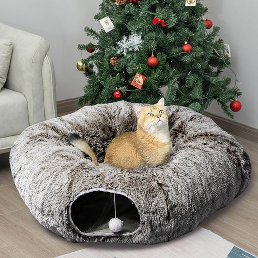 AUOON Cat Tunnel Bed for Indoor Cats - Large Cat Donut Tunnel with Hanging Ball Toy, Collapsible 2-in-1 Multifunctional Interactive Cat Toy for Kitten, Puppy, Rabbit, Ferret (Brown)