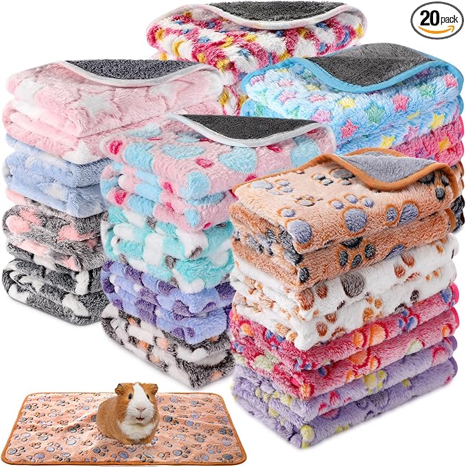 Newwiee 20 Pcs Waterproof Small Pet Fleece Blanket Bulk Washable Small Animal Cage Bedding Guinea Pig Puppy Dog Cat Pee Pad Liner Accessories(Assorted,18 x 13 Inch)