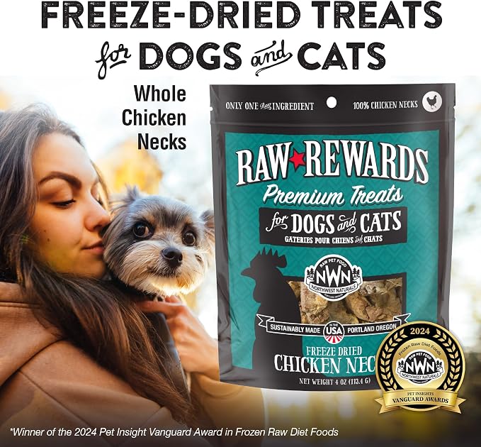 Northwest Naturals Raw Rewards Freeze-Dried Chicken Neck Treats for Dogs and Cats - Bite-Sized Pieces - Healthy, 1 Ingredient, Human Grade Ingredients, All Natural, Made in USA, 4 Oz (Pack of 3)