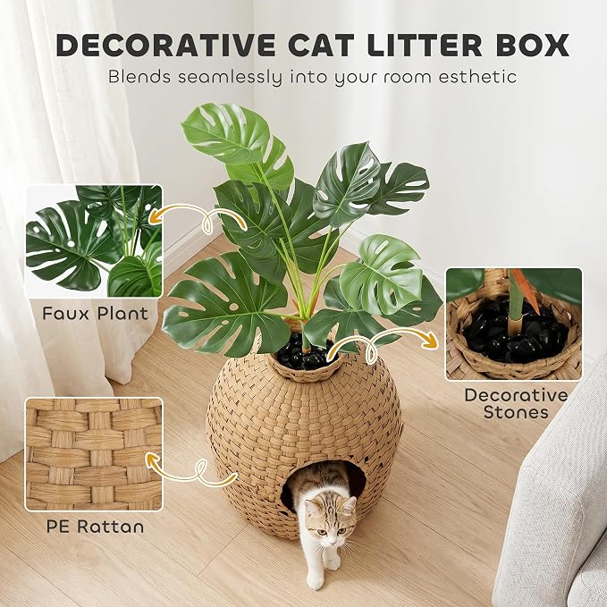 PawHut Hidden Cat Litter Box Plant Furniture Enclosure with Faux Plant & Stainless Steel Tray, Decorative Rattan Planter Cat Bed, Real Stones, for Bedroom, Living Room, Corner