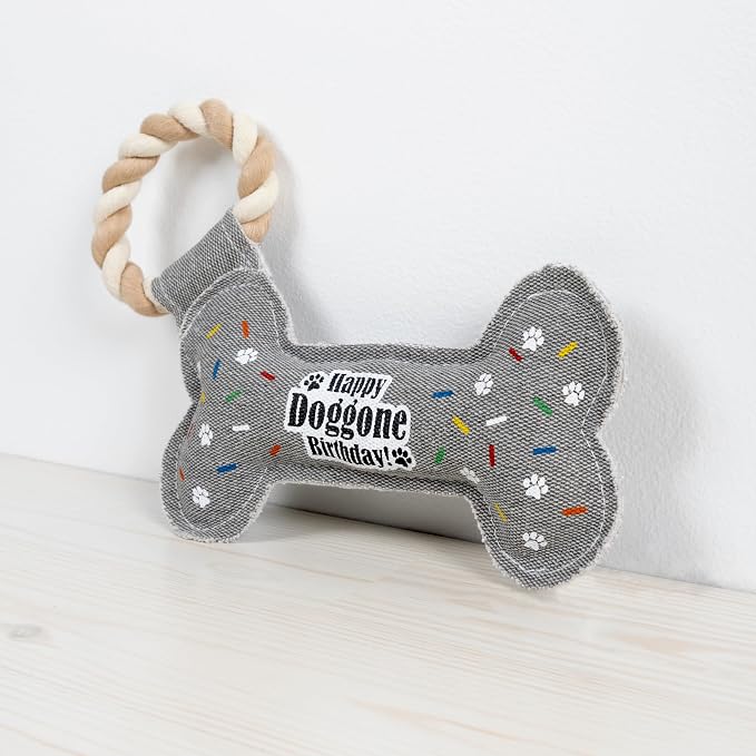 Pavilion - Happy Doggone Birthday - 11" Bone Puppy Dog Toy with Rope Handle K-9 Furry Companion Sprinkles Celebration Aging Birthday Gift Present