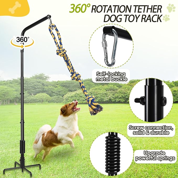 AugFir Tether Outdoor Dog Rope Toy with Strengthen Spring Pole, 3 Kinds Dog Tug of War Toys for Self Play and Interactive in Park, Yard, Lawn Rope, Suitable for Large Medium Small Dogs (Dark)