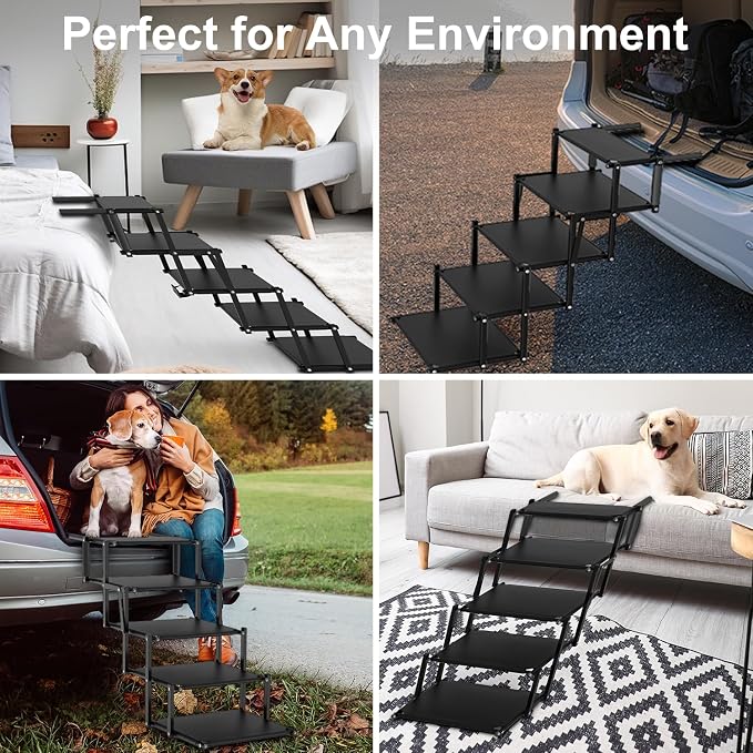 Extra Wide 5 Steps Dog Stairs for Large Dogs, Foldable DogRamp for Car with Non-Slip Surface, Pet Stairs DogStairs for car, Dog Steps for Cars, SUV, High Beds, Truck, Supports up to 250 lbs