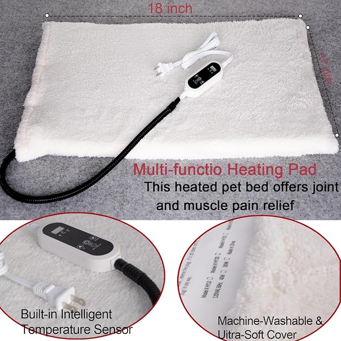Pet Heating Pad,LED Real-Time Display of Heating Pad Temperature,Heated Bed for Dogs Cats, Preset temperatureand time,with Includes Soft Washable Fleece cover17 X 18"