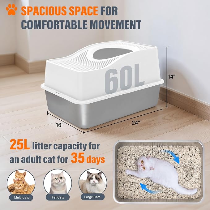 Top Entry Cat Litter Box with Lid, Stainless Steel Enclosed Cat Kitty Litterbox, Top Opening Large Enclosure Metal High Side Litter Pan Tray Box Dog Proof, Easy Cleaning, White