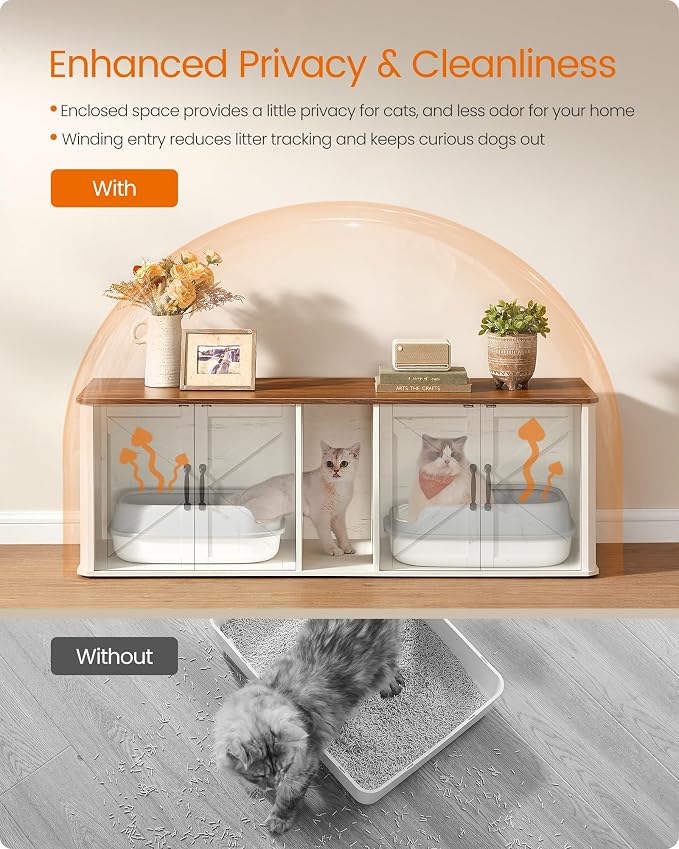 Feandrea Double Cat Litter Box Enclosure, Modern Litter Box Furniture Hidden for 2 Cats, Front Entry, Cat House, Side End Table, TV Stand, 59 x 19 x 19.5 Inches, Honey Brown, Rustic White UPCL010K01
