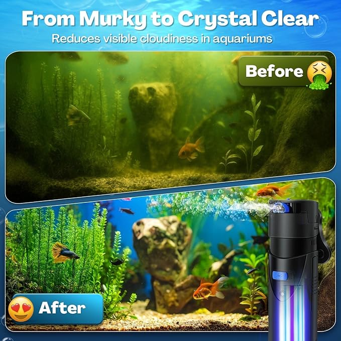 Flexzion Aquarium Filter U-V, 100 Gallon Fish Tank Filter with U-V Light for Green Control Cleaning, 200GPH Submersible Aquarium Pump for Turtle Tank, Freshwater Crystal Clear & Saltwater