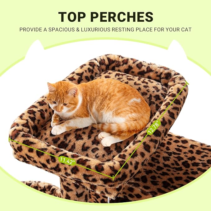 Allewie 64 Inches Cat Tree Tower/Multi-Level Activity Center for Indoor Big Felines/2 Plush Condos/2 Perchs/Basket/House/Sisal Scratching Posts/Hanging Cat Toys/Leopard Print
