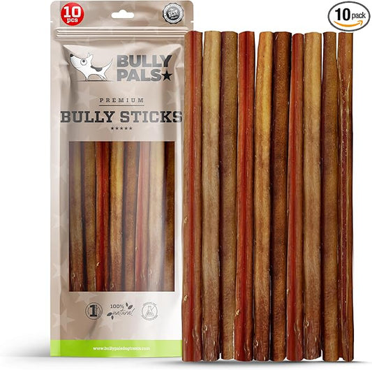 12 inch Standard Bully Sticks for Dogs - 10 Pack - 100% Natural, Single Ingredient, Easily Digestible, All Beef Dog Treats and Rawhide Free Dental Chew Bones for Dogs