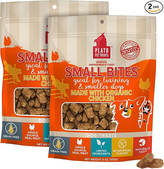 PLATO Pet Treats Small Bites - Air-Dried Training Treats for Dogs - Supports Healthy Digestion - Limited Ingredients - Organic Chicken 6oz - 2 Pack