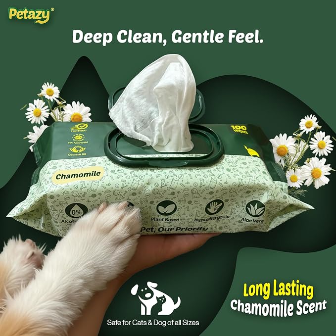 Petazy Pet Wipes for Dogs and Cats – 200 Count (8x8in) Hypoallergenic, Deodorizing Dog Wipes for Paws, Ears and Butt | XL with Aloe & Coconut Oil, Chamomile Scented | Travel Size, 2 On-the-Go Packs