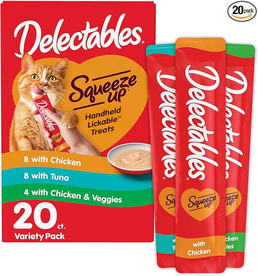 Delectables Squeeze Up Variety Pack, Creamy Squeezable Puree, Lickable Wet Cat Treats, Grain Free, No Added Fillers, No by-Products, No Added Preservatives, 0.5 Ounces Tube, 20 Tubes Total