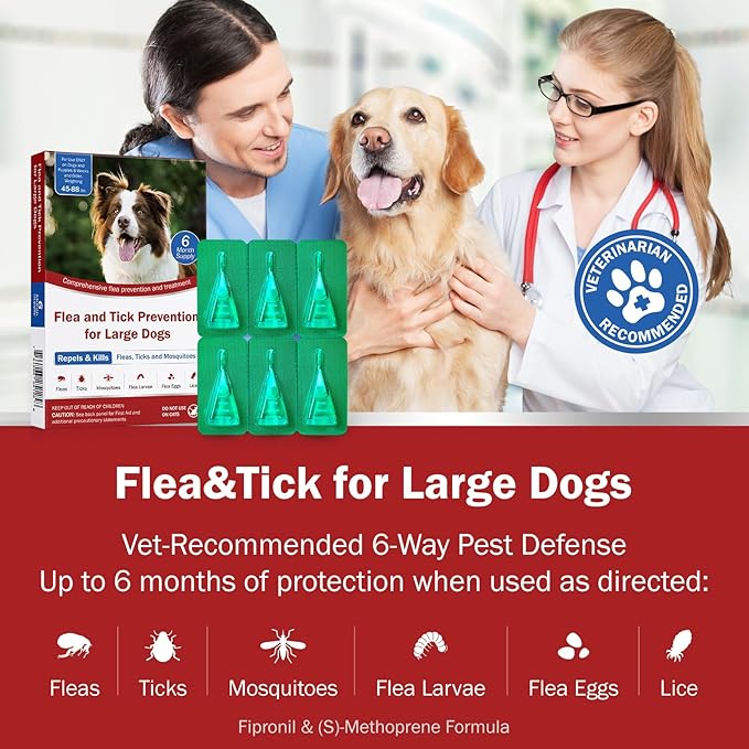 Flea and Tick Prevention for Dogs, 6-Month Supply, Large Dog Flea, Tick & Mosquito Control, Repellent, 44–88 lbs, 24-Hour Protect, Flea Supplements for Dogs