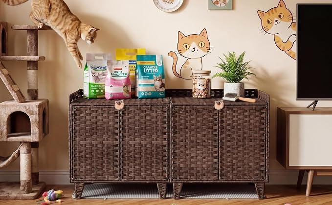 Garvee Handwoven Rattan Cat Litter Box Enclosure Furniture, Hidden Cat Washroom Cabinet with Door and Mat, Spacious Pet House with s-Hooks, for Living Room and Bedroom