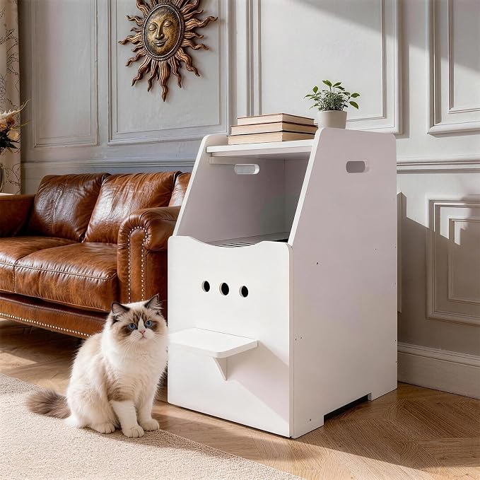 Cat Litter Box Enclosure Furniture, Wooden Top Entry Design & Litter Filter Baffle, Fully Enclosed Bottom Door Hidden Cat Washroom, Fits Large Litter Boxes for Living Room/Bedroom/Entryway, White
