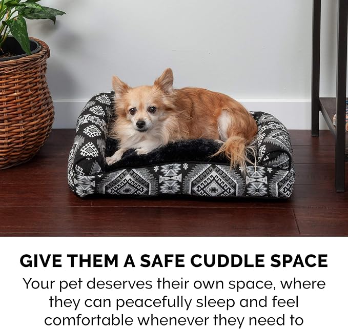 Furhaven Pillow Dog Bed for Large Dogs w/ Removable Bolsters & Washable Cover - Plush & Southwest Kilim Woven Decor Sofa - Black Medallion, Jumbo/XL