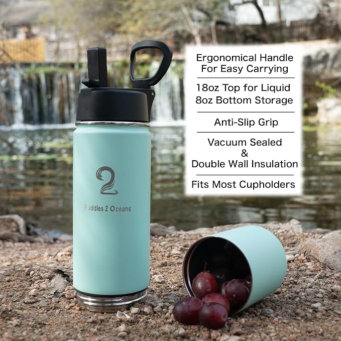 Insulated Water Bottle & Snack Container - Stainless Steel Water Bottle with Storage Compartment, 3 Lid Types BPA Free, Leak & Spill Proof Travel Bottle for Kids & Adults - Snack and Drink Cup