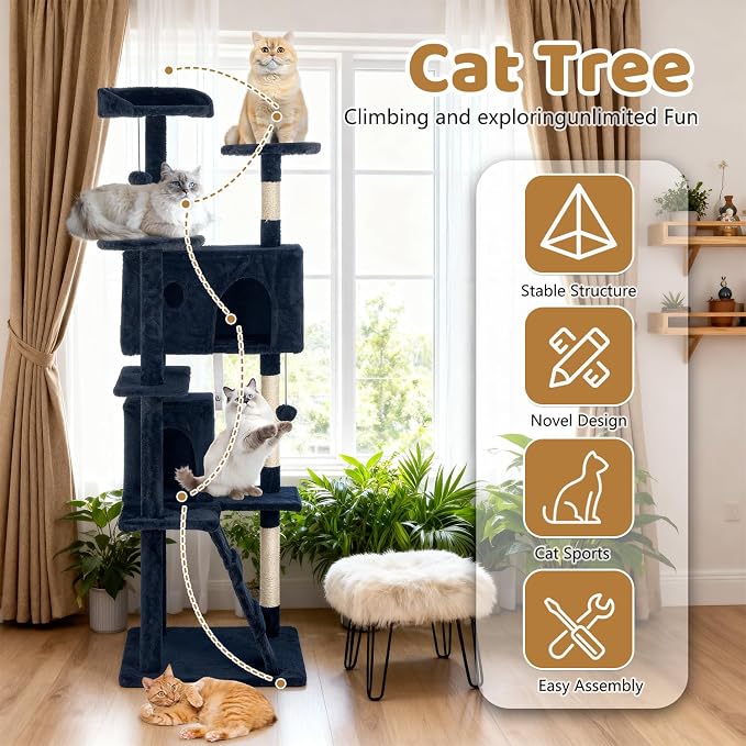 BestOffice 70 Inch Cat Tree, Multi-Level Cat Tower with Condo, Perches, Sisal Scratching Posts, Climbing Ladder,Indoor Activity Center Play House for Kittens & Adult Cats, Navy Blue