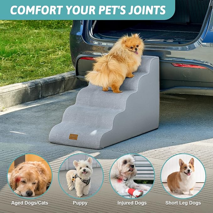 COZY KISS Wide Dog Stairs for Small Dog 22.6" H, Curved Pet Step for Puppy, Older Cat, Curved Ramp for High Bed or Car, Ladder with High Density Foam, Durable, 5 Step, 17.7x33x22.6 inch, Grey
