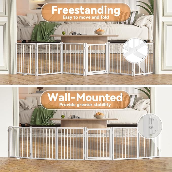 SNUOWU Full Metal Freestanding Dog Gate with Door, 24'' Height Foldable Pet Dog Fence for Indoor & Outdoor, 6 Panels Extra Wide Free Standing SmallDog Gates for Doorways,House,Stairs,Porch,Deck,Yard