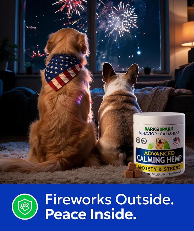 BARK&SPARK Advanced Calming Chews for Dogs - Separation Anxiety Relief for Dogs w/Hemp Oil + Melatonin - Relief During Fireworks, Storms - Aggressive Behavior, Barking, Stress Aid - 90Chews