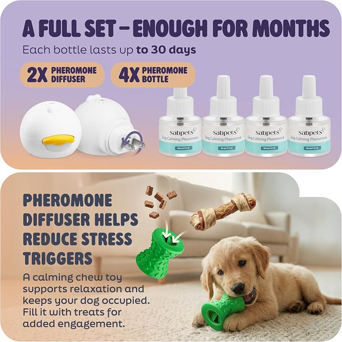 Dog Calming Diffuser Kit by SabPets – Pheromone Plug-in for Dogs, Helps Reduce Pee Accidents, Barking & Separation Anxiety – 2 Diffusers + 4 Refills + Toy | Mess-free support for home routines