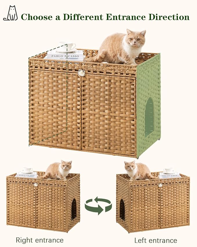SETVSON Cat Litter Box Enclosure Furniture, Handwoven Rattan Hidden Litter Box with Mat, Large Space Cat House with 2 S-Shaped Hooks 30.3 x 18.3 x 24.4 Inches, Indoor for Living Room Apartment Natural