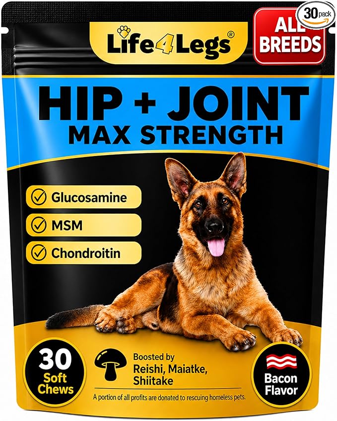 Premium Hip and Joint Supplement for Dogs, Glucosamine for Dogs with Chondroitin, MSM, Turmeric & Omega 3, Daily Dog Joint Supplement Soft Chews, Bacon, 30 Count