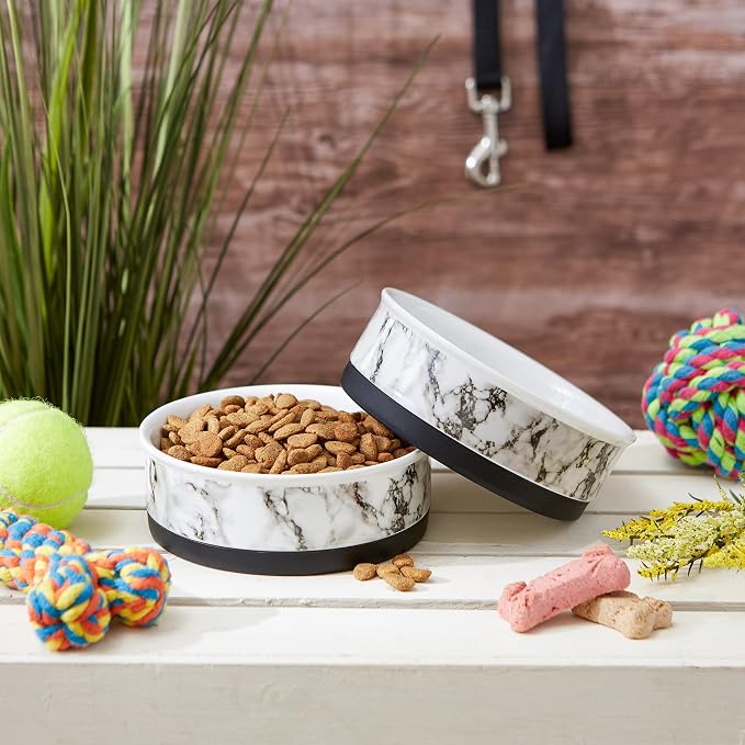Bone Dry Pet Bowl Collection Ceramic Set, Medium, Marble, 2 Count White