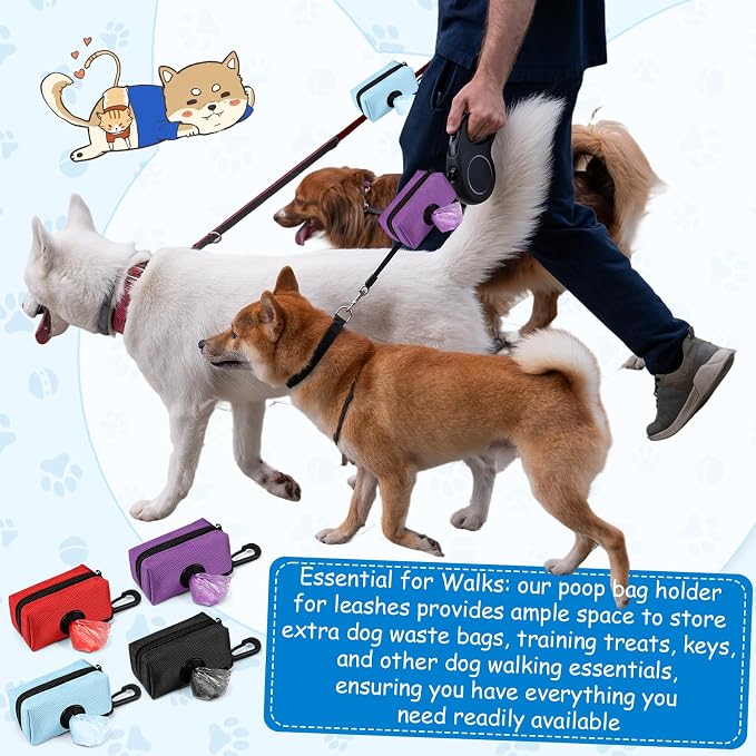 Aliceset 4 Pcs Dog Poop Bag Holder for Leashes Fabric Dog Poop Bag Dispenser and Treat Holder with 8 Rolls Pet Waste Pouches(Black, Blue, Purple, Red,Single Zipper)