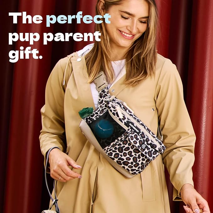 Cleverpup Walk & Train 2-in-1 Dog Walking Bag - Hands-Free Training Crossbody Sling & Fanny Pack with Treat Pouch, Poop Bag Holder, Phone Pockets - Adjustable Waist or Shoulder Strap - Leopard