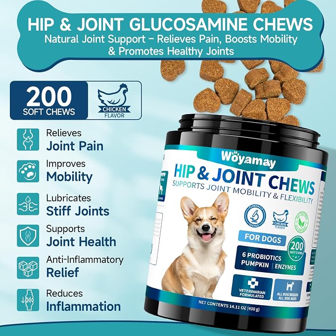 Woyamay Dog Joint Support & No Chew Spray Bundle - 200 Glucosamine Chews with Chondroitin, MSM & Turmeric + Bitter Apple Spray for Chewing, Licking & Training - Mobility & Behavior Solution