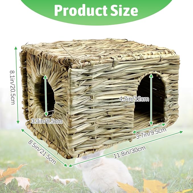 Tfwadmx Rabbit Grass House - Natural Hand Woven Seagrass Play Hay Bed, Hideaway Hut Toy for Bunny Hamster Guinea Pig Chinchilla Ferret