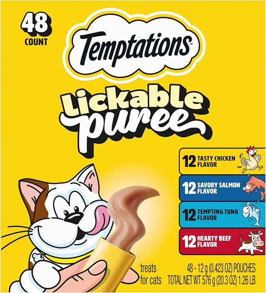 Temptations Creamy Puree Squeezable Lickable Cat Treats, Wet Cat Treats with Beef, Salmon, Chicken, and Tuna Variety Pack, 0.42 oz. Tubes, 48 Count
