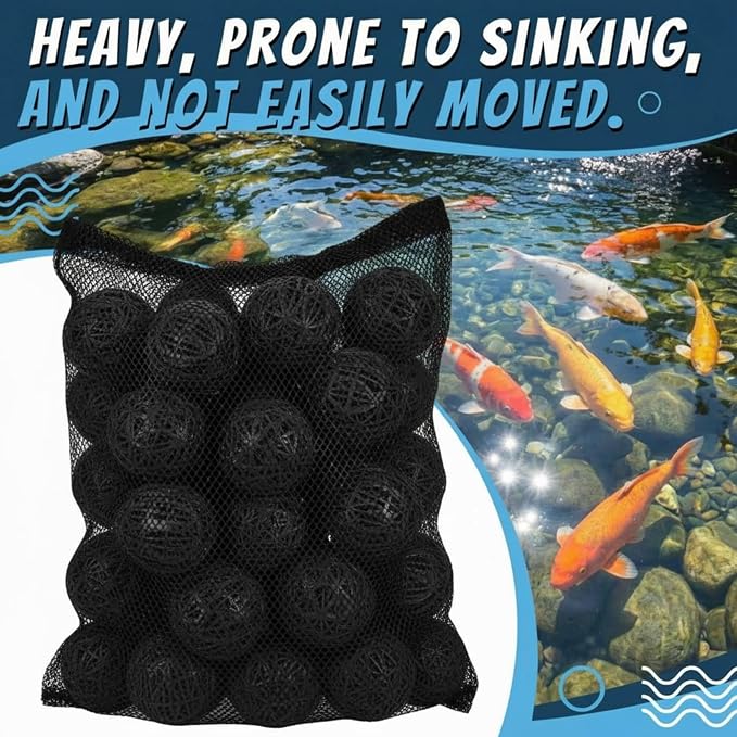 VIHOSE 50 Count 3 Inch Black Large Bio Balls Media Filter Durable Fish Pond Filter Media with Sponge Biological Filtration Mediums for Pond Aquarium Fish Tanks Filters with 12" x 16" Mesh Bag