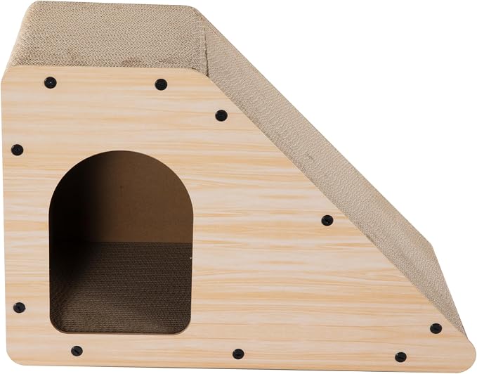 Kento 23.63" Modern Cardboard Cat Cave Scratcher with Catnip, Angled Trapezoid Hideaway House and Scratching Lounge for Indoor Cats, Oak Wood Finish CSR1008I