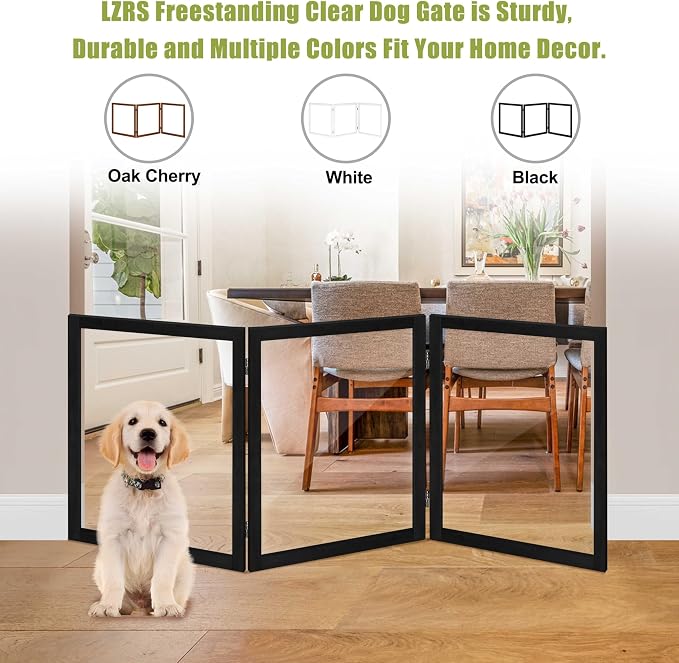 LZRS Clear Dog Gate for Indoor Use - Transparent Pet Fence with Solid Hardwood and Plastic Board, Stylish & Durable freestanding Pet Gate for Doorways, Stairs and Hallways-3 Panel Black