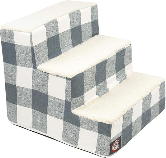 Majestic Pet 3 Step Portable Dog Stairs for Small Dogs to get on Bed Supports 250 lbs or Less – Dog Steps for High Bed with Machine Washable Cover –Pet Stairs for Cats Anderson Check Gunmetal Blue