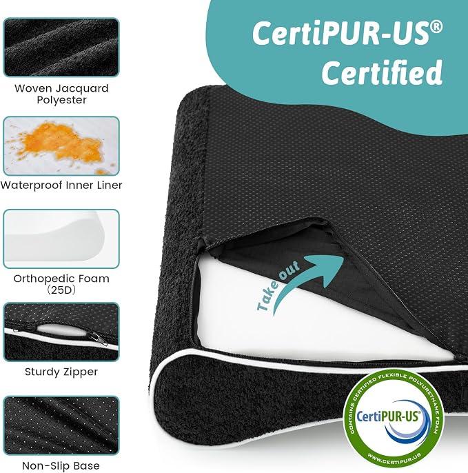 COZY KISS Orthopedic Dog Bed for Small Dogs up to 35 lbs - Removable Washable Cover with Waterproof Lining & Non-Skid Bottom, Cotton-Polyester Blend Boat-Shaped Lounger Mattress, S(30x20x5in), Black