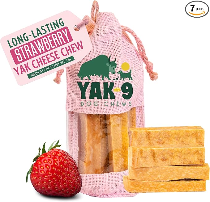 Yak9 Strawberry Yak Cheese Chews for Dogs, Medium 2.3 Oz | High Protein, Non Rawhide Dog Chews Long Lasting | Non GMO, Gluten Free, Grain Free Himalayan Yak Milk Dog Chew | 7 Pieces, 1LB
