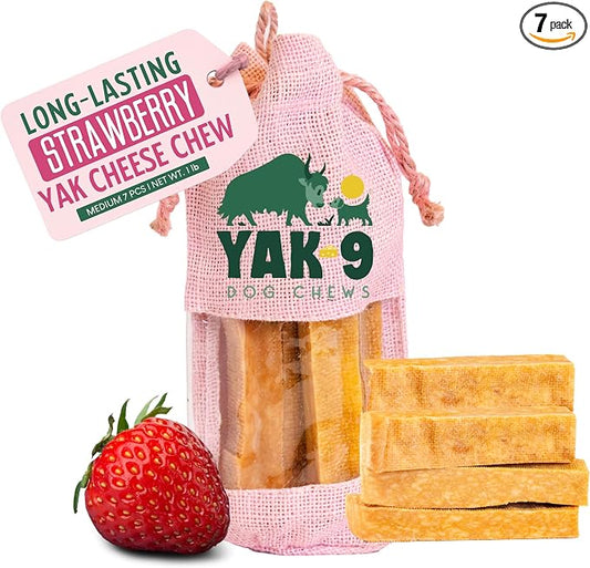 Yak9 Strawberry Yak Cheese Chews for Dogs, Medium 2.3 Oz | High Protein, Non Rawhide Dog Chews Long Lasting | Non GMO, Gluten Free, Grain Free Himalayan Yak Milk Dog Chew | 7 Pieces, 1LB