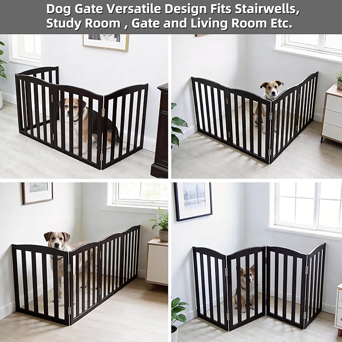 Freestanding Dog Gate Indoor,Doggie Gate Foldable Pet Gates for Doorways,Stairs or Hallways, Wooden Black Pet Gate for the House, Pet Fence,32 "Height-4 Panels