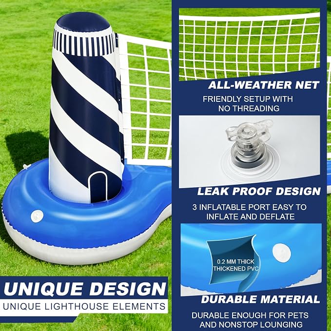 Inflatable Pool Games Volleyball Net Pool Float Set with 19" Beach Ball, Lighthouse Design – Floating Swimming Water Sports Toys for Adults, Perfect for Summer Pool Party Supply (112"X26"X35")