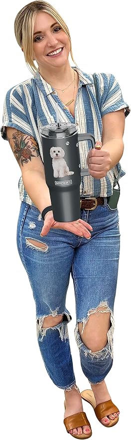 E&S Pets SERENGETI 40 Oz Ultimate Tumbler with Handle and Straw - Vacuum Insulated Tumbler with Straw and Lid - Stainless Steel Travel Mug for Pet Lovers - 3D Designs of your favorite Dog (Maltese)