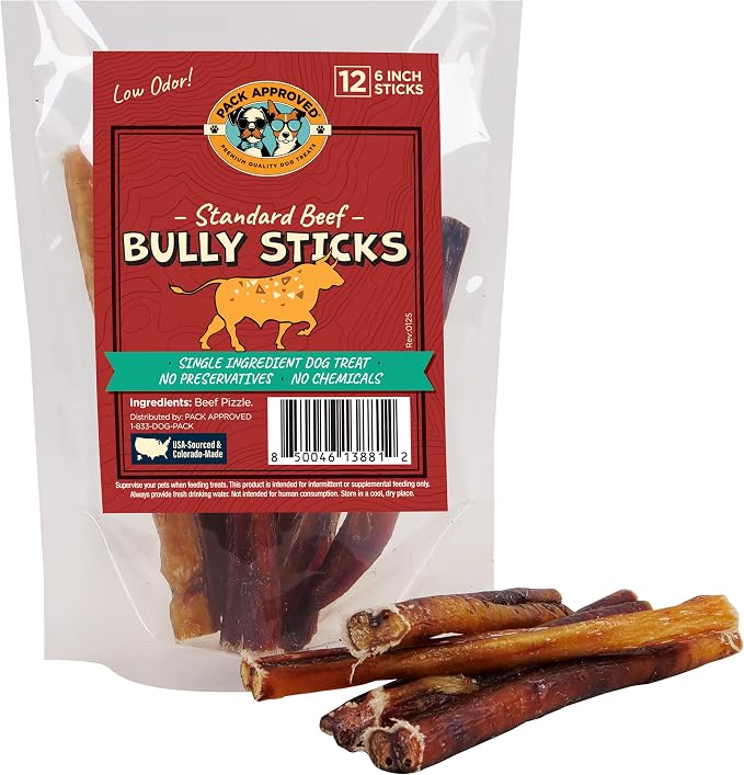Pack Approved Standard Beef Bully Sticks for Medium Dogs - Long Lasting Dog Chews for Aggressive Chewers - Dog Bully Sticks for Medium Dogs - 6” (12ct)