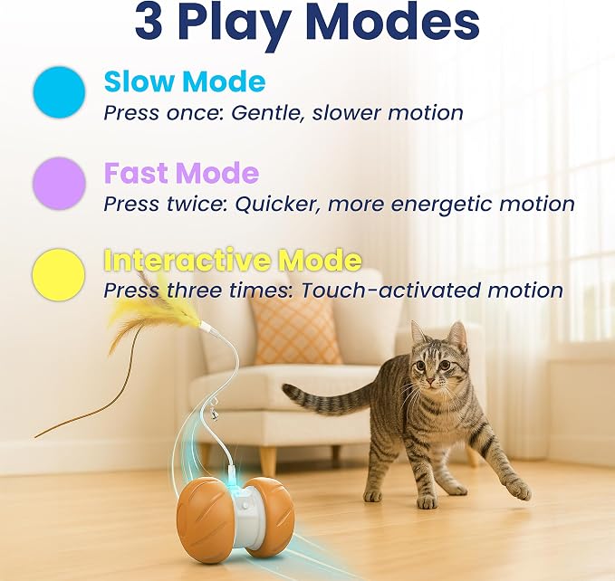 PAWSPIK Feather Tail Rechargeable Spinner Chasers Cat Toy, Orange (Interactive Self-Rolling Moving Cat Toy with 3 Speed Modes, Feather & Bell Attachments)