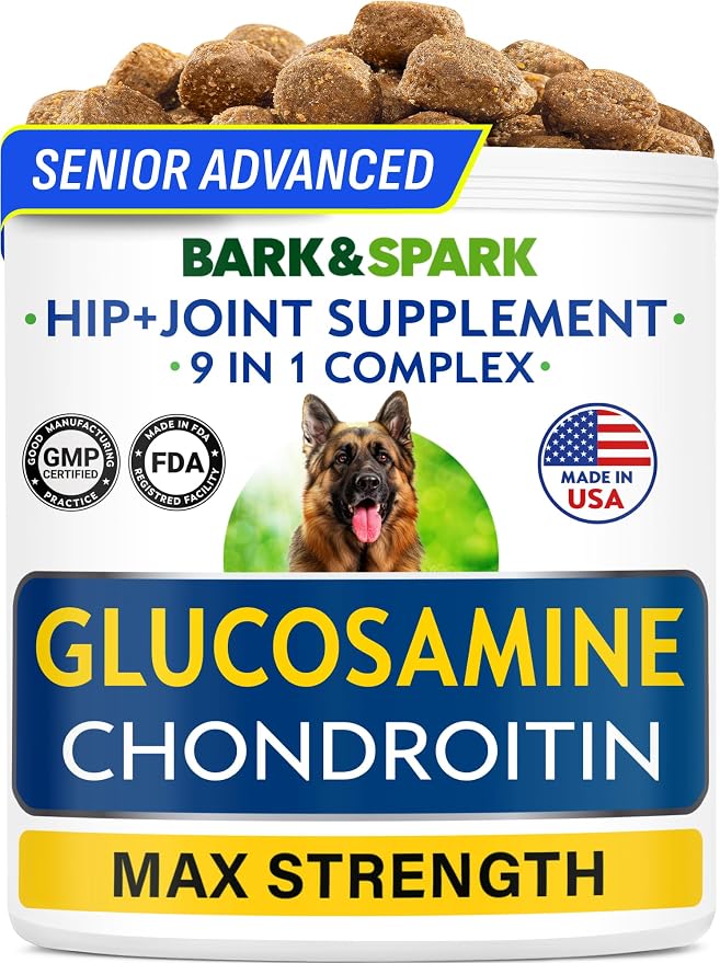 Bark&Spark Senior Advanced Glucosamine Chondroitin for Dogs - Hip Joint Pain Relief - Old Dog Joint Chews Large & Small Breed - Hip Joint Chews Joint Health Care Treats - 120Ct